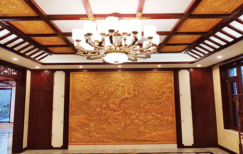 明溪中式别墅客厅中式木作横梁吊顶装饰展示